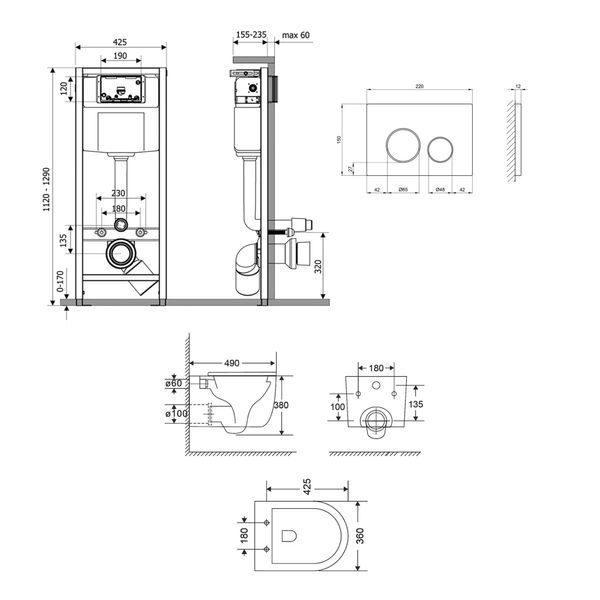 Готове рішення Qtap для ванної кімнати: підвісний унітаз Taurus Ultra Quiet 485&times;360&times;350 + комплект інсталяції Nest 4 в 1 (кругла клавіша Satin) SD00052272 фото