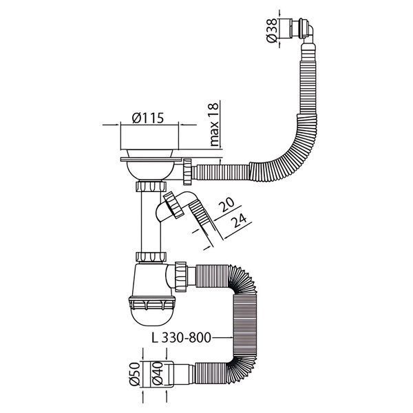 Сифон для кухні Mixxus SK-06-BL 3 1/2"x40 з пластиковою сіткою, відведенням для пральної машини, гнучким круг. переливом (MI8196) MI8196 фото