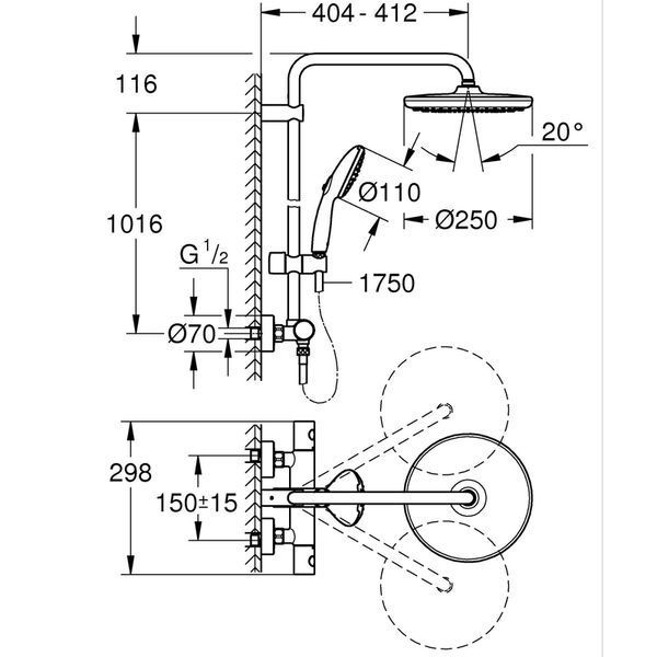 Душова система з термостатом для настінного монтажу Grohe Tempesta System 250 (26670001) 26670001 фото
