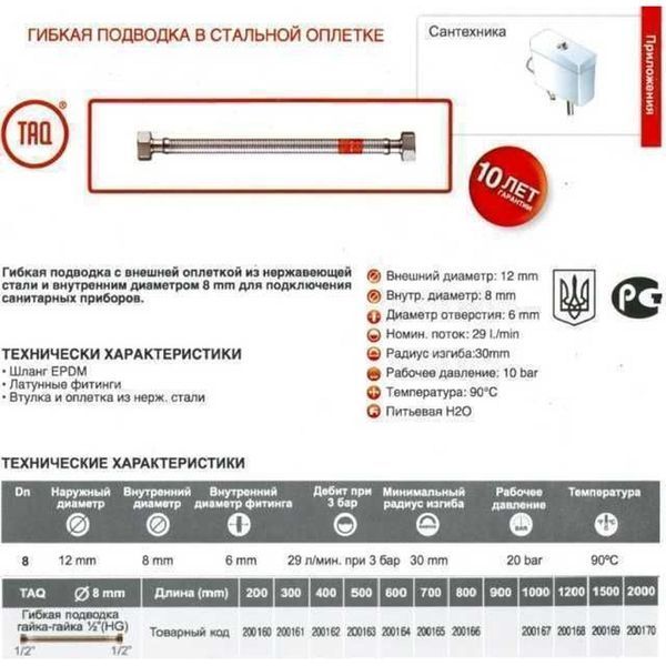 Шланг водяний TUCAI 1/2&Prime;x1/2&Prime; ВВ 1,0м TAQ HG-1212-1000 200167 000004424 фото