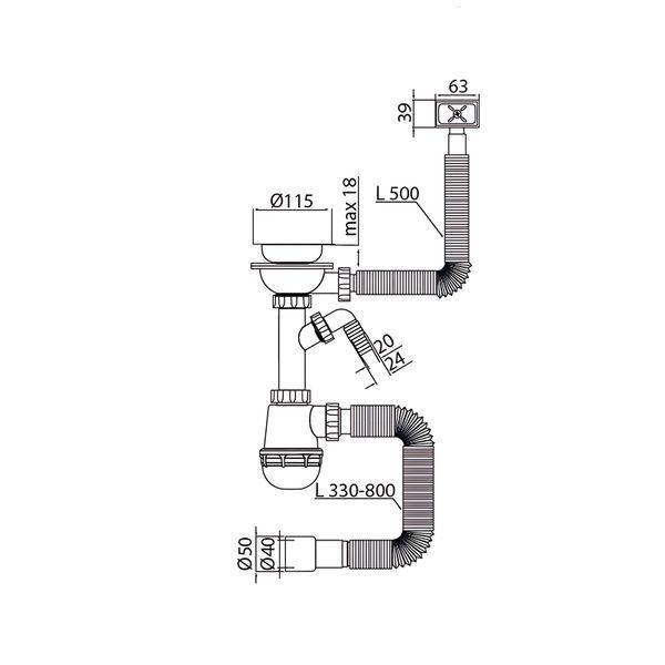 Сифон для кухні Mixxus SK-05-WH 3 1/2"x40 з пластиковою сіткою, відведенням для пральної машини, гнучким прямок. переливом (MI8193) MI8193 фото