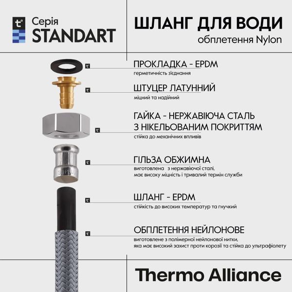 Шланг для підключення змішувача Thermo Alliance Standart (пара) 60 см NYLON M10x1/2"В TAS386W60 SD00052999 фото