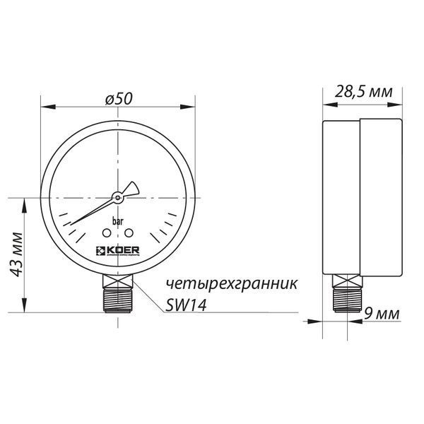 Манометр радіальний (KOER KM.502R) (0-4 bar), D 50мм, 1/4''-1/2'' (KR0207) KR0207 фото